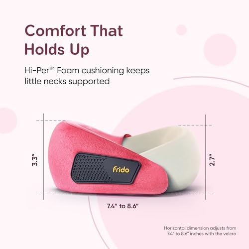 Image of Frido Kids Memory Foam Travel Neck Pillow with Travel Pouch | 360 Chin & Neck Support for Comfortable Sleep | Adjustable Velcro Straps | Ideal for Car, Flight & Road Trips | Pink