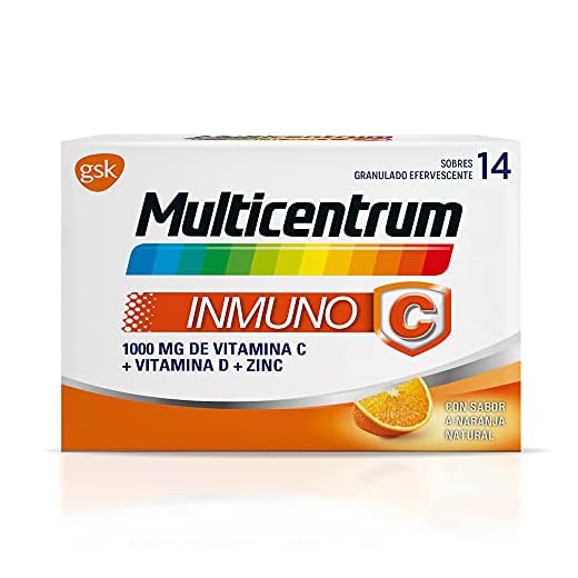 Multicentrum Inmuno C Complemento Alimenticio Multivitaminas, con Vitamina C, Vitamina D y Zinc, Sin Gluten, Sabor a Naranja, en polvo, 14 Sobres Efervescentes