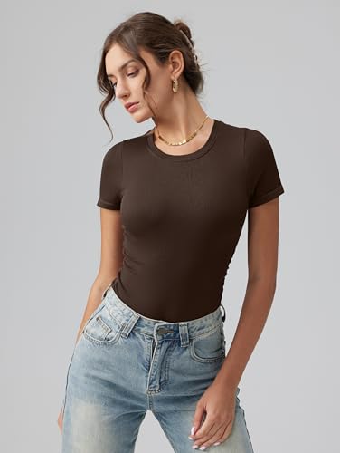 Image of OQQ Women's Crew Neck Short Sleeve Bodysuit Ruched Stretch Vacation Basic for Tops Spring & Summer