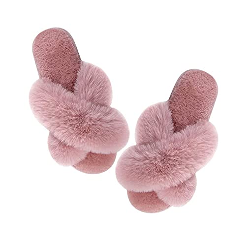 Fluffy Slippers with Cross Band - Women's Slippers, Fluffy Slippers, Comfortable Anti-Slip Plush Cross Faux Fur Slippers (Pink, 9-10, large)