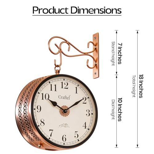 Image of CRAFTEL Double Sided Station Wall Clock Electroplated | Aluminum Matte-Finish Dial Brass Body | Dial - 10 Inches, Rose Gold | 365 Days Warranty
