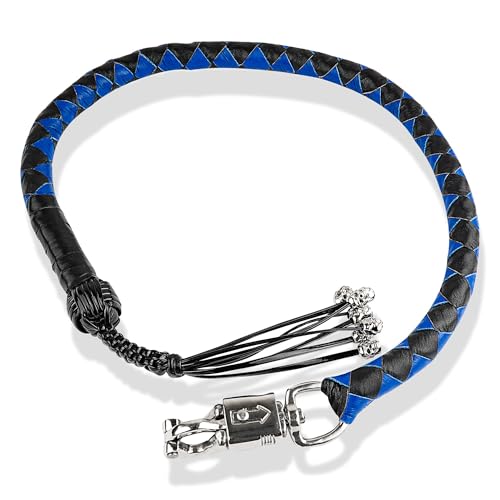 HADZAM Genuine Leather Motorcycle Get Back Whip 42” for Handlebar with Fringes and Quick Release Clasp (Blue Black, 42 Inch (Skulls on Fringes))