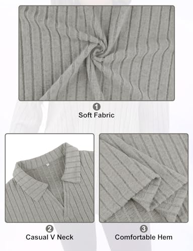 Image of Koscacy Women Plus Size Casual Knit Sweater Lapel V Neck Solid Color Tops Lightweight Long Sleeve Blouses