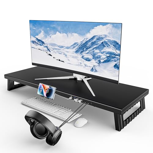 GECKOSTROLL All-Metal Foldable Monitor Stand with 28cm Wide Desktop,, Headphone & Mic Jack, Detachable Phone Holder, (USB Hub Fast Charging Version, 760mm)