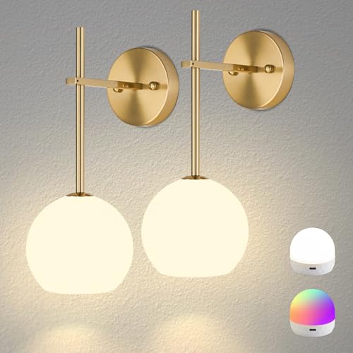 Gold Battery Operated Wall Sconces Set of 2, Rechargeable Wireless Wall Lights with Milky White...
