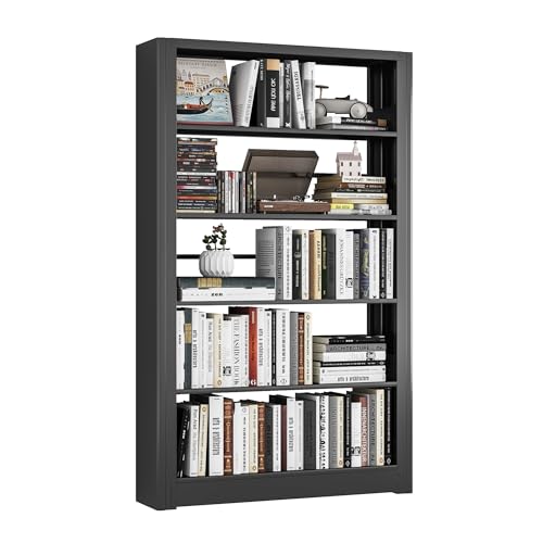 Image of Heavy Duty Metal Bookshelf, 5-Tier Industrial Bookcase with Adjustable Shelves, Large Storage Bookshelf for Living Room, Office, Library, 69 inch H x 36 inch W, Black