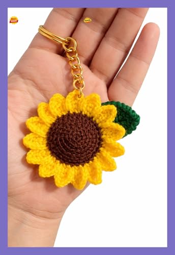 Image of Handmade Crochet Sunflower Keychain for Women & Girls | Cute Aesthetic Flower Keyring | Soft Yarn Handcrafted Bag Charm | Gift for Birthday, Return Gift, Car Key Holder, Purse Accessory (Yellow)