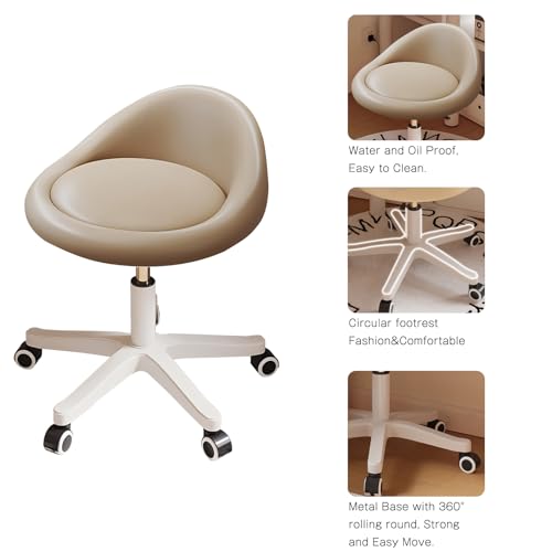 Image of Rolling Stool Chair with Backrest, Round PU Leather Adjustable Height Hydraulic Swivel Rolling Stool for Spa Salon Tattoo Massage Doctor Dental Medical Office Khaki Set of 2