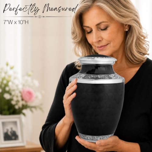 Image of Alpha Living Home Urns for Human Ashes Adult Female and Male 200+ Cubic Inches, Decorative Burial Urn, Funeral Cremation Urns for Women and Men, Handcrafted Urn for Ashes Adult 10 inch Black Silver