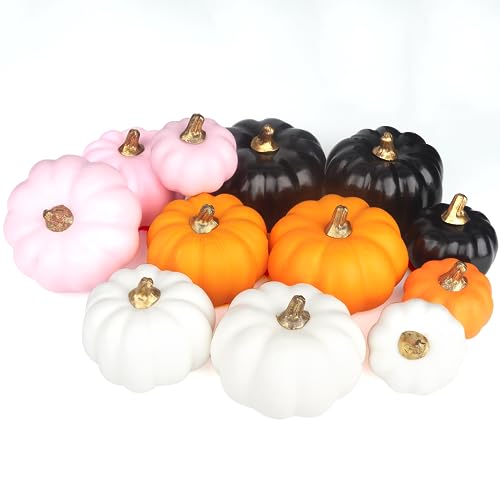 Artmag Artificial Pumpkins Bulk 12Pcs Assorted Sizes and Colors Harvest Lifelike Pumpkin Fake Foam Pumpkin for Fall Autumn Halloween Home Party Thanksgiving Party Holiday Decor