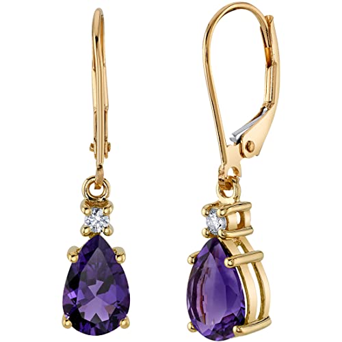 Peora 14K Yellow Gold Genuine Amethyst and Diamond Teardrop Leverback Earrings for Women, 2.10 Carats total Pear Shape 9x6mm, Real Gemstone Earrings, February Birthstone Earrings