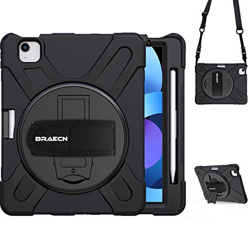 BRAECN iPad Air 4 10.9 Case 2020, iPad Pro 11 Inch Case, Heavy Duty Shockproof Kids Case with Pencil Holder, Hand Strap, Kickstand, Shoulder Strap for iPad Air 4th Generation 10.9 Inch -Black