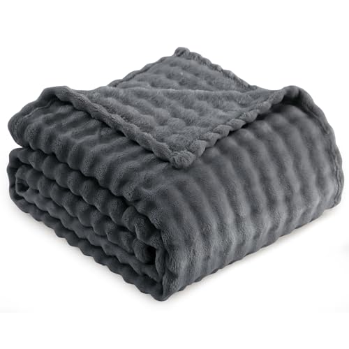 RUIKASI Fleece Throw Blanket for Sofa - Dark Grey Single Fluffy Bubble Throws Cozy Blanket with Reversible Design, Throw 130x150 cm