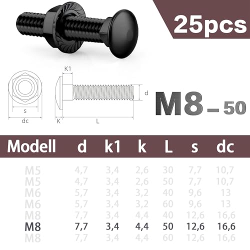 SWTYExt 25 Stück Schlossschrauben M8x50mm Schloßschrauben Edelstahl 304 Flachkopfschrauben Schwarz Oxid A2 mit Flanschmuttern M8 Mutter DIN 6923 Torbandschrauben für Bauwesen Industriemaschinen