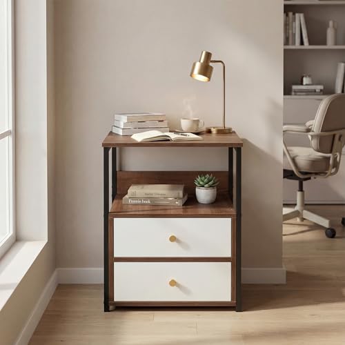 Image of Decor & More Bedside Table with 2 Drawers | Wooden Nightstand for Bedroom with Smooth Sliding Drawers & Open Storage Shelf | Space-Saving Side Table for Living Room | DIY