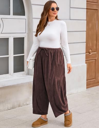 TARSE Womens Corduroy Wide Leg Pants Casual Loose Baggy Drawstring Palazzo Harem Pants with Pockets3