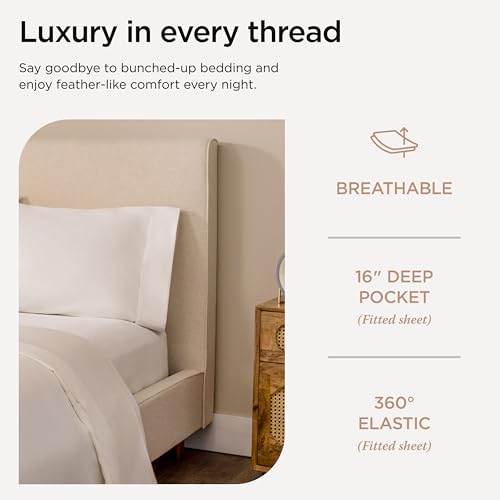 Image of Threadmill 100% Cotton Sheets for Queen Size Bed - 600 Thread Count Queen Bed Sheets Set with 16 inch Deep Pocket - Sateen Weave 4-Piece Bedding Set with Cooling Effect, White