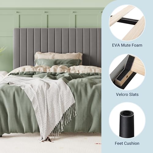 Image of Allewie Twin Bed Frame, Velvet Upholstered Platform Bed with Adjustable Vertical Channel Tufted Headboard, Mattress Foundation with Strong Wooden Slats, Box Spring Optional, Easy Assembly, Grey