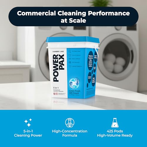 Image of PowerPax 5-in-1 Laundry Detergent Pods - 425 Count, Washer Pods with Stain Remover, Odor Control, Fabric Softener & Color Care for Commercial Laundry - Linen Fresh