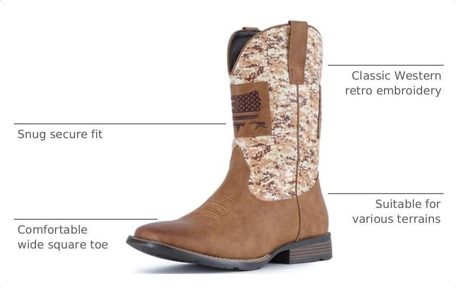 Image of IUV Cowboy Boots For Men Wide Western Boot Traditional American Flag Retro Square Toe Country Work Boots