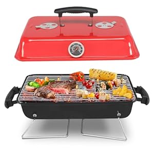 HOBBYZOO Charcoal BBQ Grill, Portable Enamel Barbecue Grill with Temperature Indicator, Stainless Steel Grilling Rack, Air Vents for Outdoor Camping, Picnics, Gardens, Black & Red