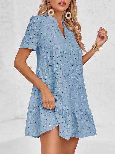 Image of Imily Bela Womens Summer Lace Dresses Eyelet Casual Flowy Babydoll Swing Short Sleeve V Neck Tunic Dress