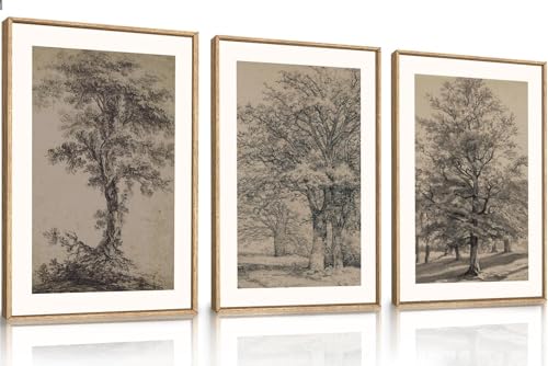 Tableau vintage d'arbres décoratif pour salon triptyque botanique lianyibo