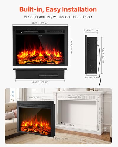 Image of VEVOR 28.5 inch Electric Fireplace Insert, Recessed & Wall-Mount, 5000BTU Indoor Heater with Adjustable Realistic Flame Colors & Brightness, 8h Timer, Tempered Glass, 750W /1500W Dual Heat, Black