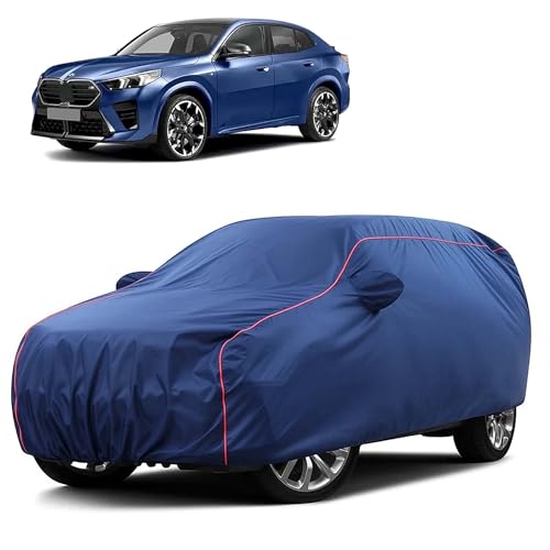 Image of Sulfar 100% Water Resistant Car Body Cover Compatible with Mirror for BMW X2 (Triple Stitched, Full Bottom Elastic, Blue Taffeta with Red Piping)