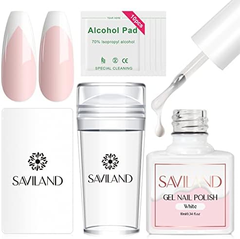 Saviland French Manicure Kit: French Tip Nail Stamp with White Gel Nail Polish Set, Jelly Silicone Nail Stamper Nail Stamper Kit for French Nails Home DIY Nail Salon