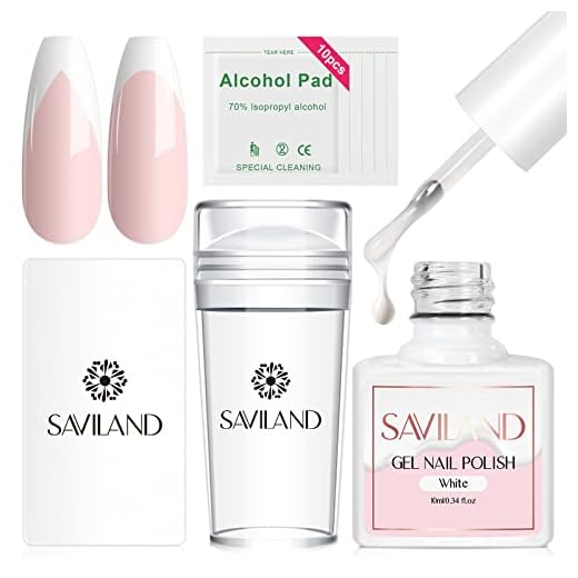 Saviland French Manicure Kit - 4PCS French Tip Nail Stamp with White Gel Nail Polish Set, Jelly Silicone Nail Stamper and Scraper Nail Art Stamper Kit for French Nails Home DIY Salon