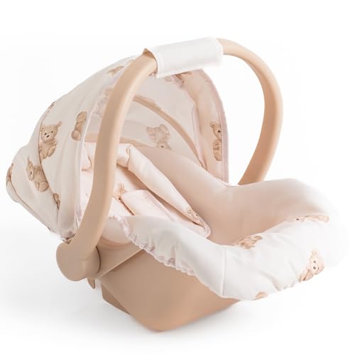 Roma Prams: Teddy Doll Car Seat - Beige-Cream-Bear, Carrier Travel Accessory, Adjustable Canopy & Handle, Roleplay Toy for Dolls Up to 16.5', Kids 3+