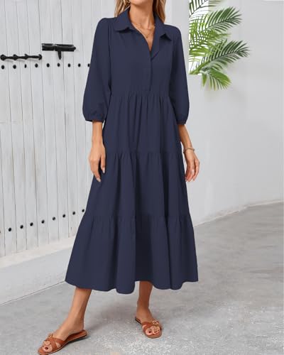 Women Button Down Maxi Shirt Dress Long Sleeve Flowy Tiered Collared Dresses with Pockets3