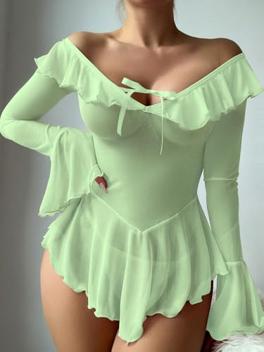 Image of OYOANGLE Women's 2 Piece Off Shoulder Long Sleeve Ruffle Mesh Sheer Nightgowns with Thongs Babydoll Lingerie Set