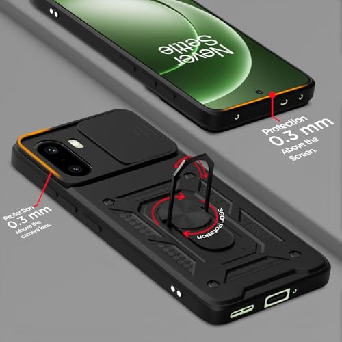Image of Pikkme Back Cover for OnePlus 15R 5G | 360 Protection Case | Sliding Camera Shield Cover & Ring Holder Stand D10 Tough Armor Bumper Case (Black)