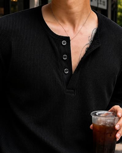 Image of AUSK Men's Textured Henley T-Shirt || Full Sleeve Ribbed Knit Button Neck T Shirt for Men || Regular Fit Casual Wear Tee || Smart Casual Tshirt for Mens