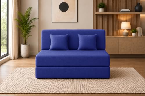 Image of Sofa Cum Bed with Jute Fabric, Convertible Two Seater Sofa Bed 4x6 Ft, Comfortable Cushioned Seating, Space Saving Design for Living Room, Bedroom & Guest Room - Blue Color
