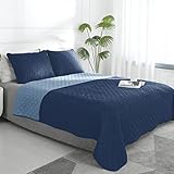 Easy-Going Full/Queen Size Reversible Quilt Set with 1 Quilt and 2 Pillow Shams, Soft Bed Quilt Cover, Water Resistant Lightweight Microfiber Bedspread, Stain Resistant, Dark Blue/Light Blue