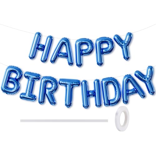 Adeyoo Happy Birthday Balloons Banner Blue- 16 Inch Blue Happy Birthday Foil Balloon Big Letter Balloons Reusable Self Inflating Balloon for Men Women Birth Party Decorations