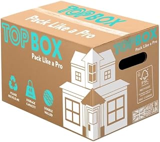 TOPBOX 10 Large Strong 48L Cardboard Boxes For Moving House - 53cm X 30cm X 30cm - Double Walled For Strength & Durability, Recyclable Storage Packing Removal Box With Room List And Handles