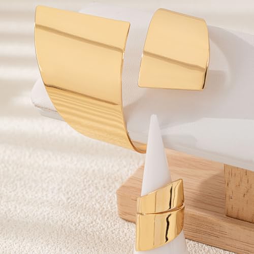 Gold Chunky Cuff Bracelet Ring Set for Women Chunky Bangles Bracelets Non Tarnish Gold/Silver Bracelet for Women Trendy Jewelry Gift4