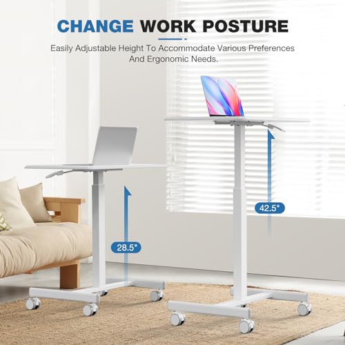 Image of OLIXIS Mobile Standing Desk with Wheels Small Rolling Laptop Desks Portable Pneumatic Adjustable Height Sit Stand Table Computer Workstation for Home Office White