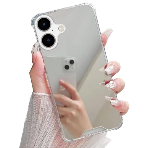 Tivenfezk Nadoli Custodia Specchio per iPhone 16 Plus,Elegante Argento Dura PC Indietro Cover Paraurti in Gomma Flessibile Trucco Lusso Specchio Copertura