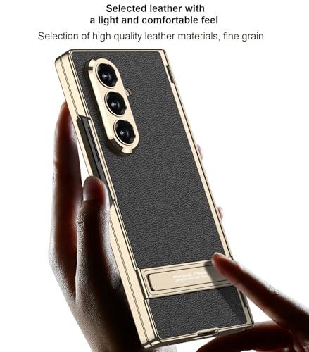 Image of Midkart Magnetic Case Compatible with Samsung Galaxy Z Fold 7 Release 2025 Hinge Protection Leather Cover with Stand Electroplated Camera Protection, Black & Gold