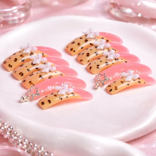 IntoVibes 10 Pieces Handmade Luxury Long Press On Nails With Curved Design, Bowknot And Leopard Prints, Pink Thickened False Nails, Reusable Fake Nails, Square Acrylic Nails (M)
