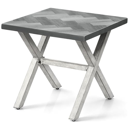 Image of Never-Rust Aluminum Outdoor Side Table, Anti-Rust Outside Patio Side Table with Resin Tabletop, Modern Weather-Resistant Square Patio End Table for Yard, Garden, Poolside, White Oak