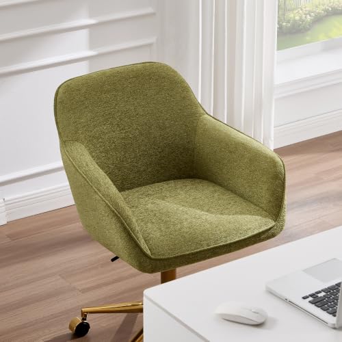 Image of Zesthouse Vanity Chair with Wheels for Girl Women, Swivel Office Desk Chair | Green Chenille Rolling Office Chair with Arms & Gold Base, Upholstered Fabric Desk Chair for Bedroom, Height Adjustable Chair