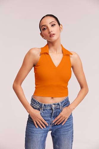 Image of BERRY BIRD Stylish Sleeveless V-Neck Slim Fit Collar Ribbed Knit Tank Crop Tops for Women & Girls Beach and Gym Wear and Western Trendy Fashion