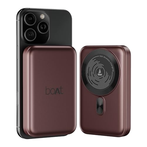 Image of Boat EnergyShroom PB331 (Magsafe) 10000mAh Magnetic Wireless Powerbank, 15W Wireless & 22.5W Wired Charging for (iPhone 16, 15, 14, 13 & 12, Android & Other Qi Enabled Devices) (Wine Red)