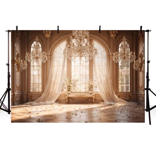 AIBIIN Toile de fond rétro pour photographie d'intérieur 2,1 x 1,5 m avec lustre en cristal, rideau de grâce, fond de fenêtre, anniversaire, mariage,...